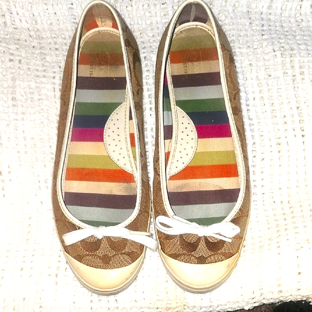 Coach Brown and Cream Flats with Bow Detail